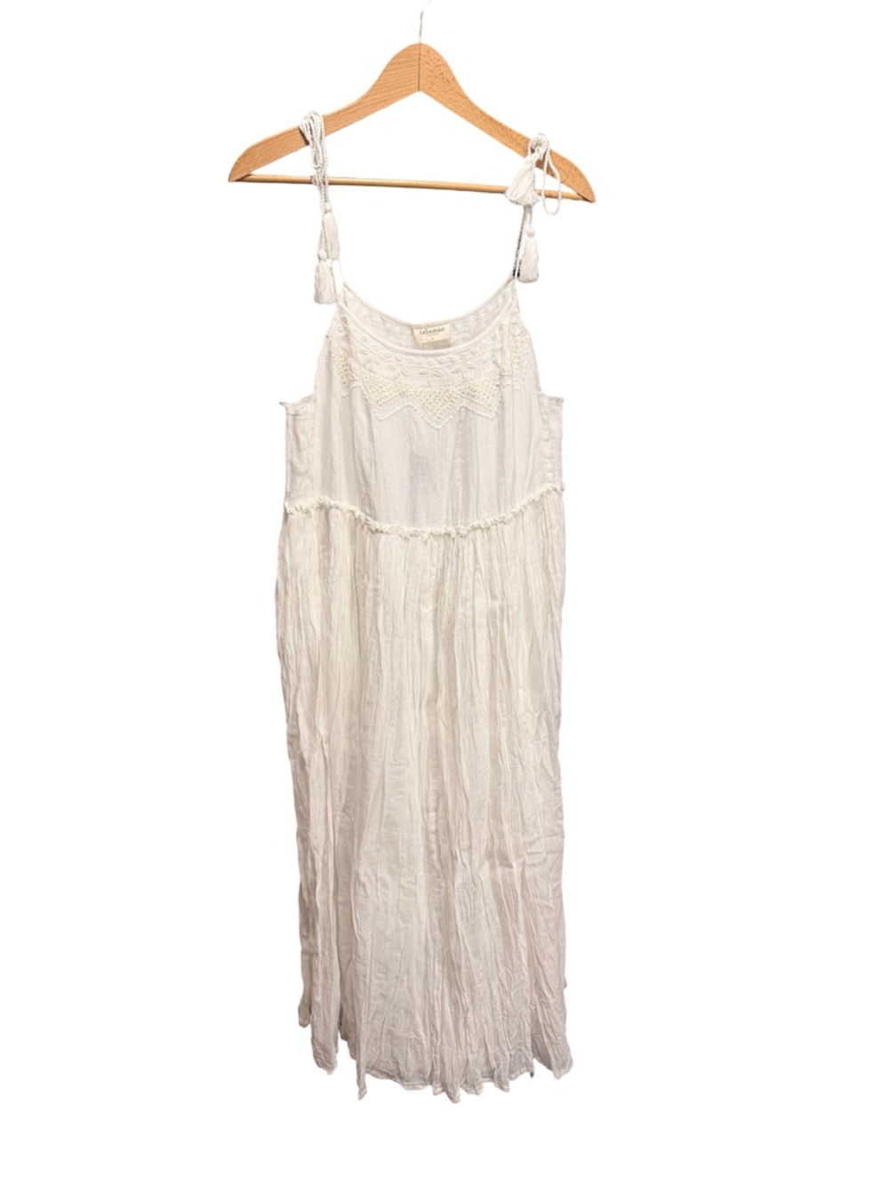 Bohemian White Crochet Yoke Maxi Dress with Tie Straps